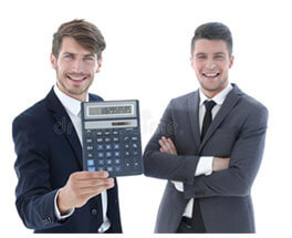 two people in a suit holding a calculator